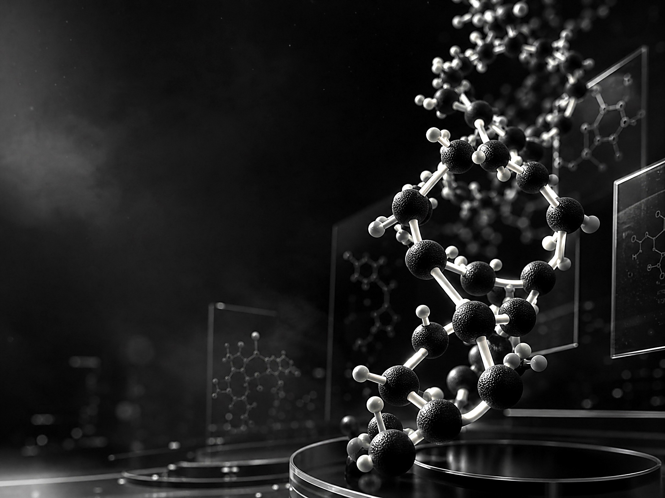 A 3D ball-and-stick model of an organic molecule